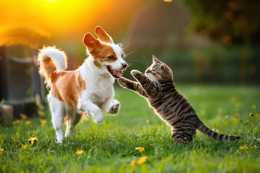 Dog and cat enjoying playtime together at Gateway Veterinary Surgery